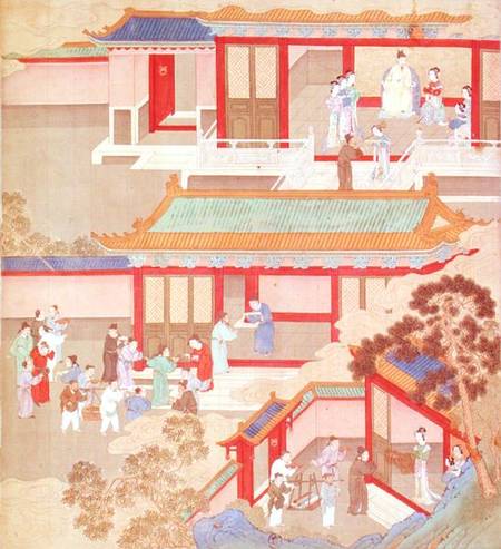 Emperor Hsuan Tsung (712-756 AD) at home, from a history of Chinese emperors od Chinese School