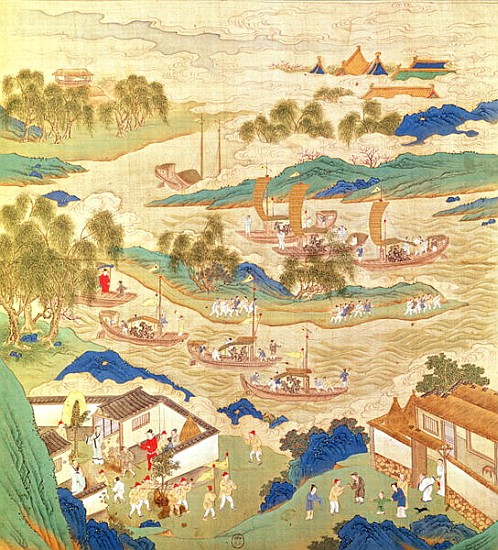 Emperor Hui Tsung (r.1100-26) transporting pierced stones and strange shaped trees, from a History o od Chinese School