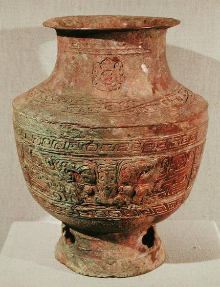 'Lei' wine vase decorated with a taotie design, from Pao-Chia-Chuang, Zhengzhou, Henan, Shang Dynast od Chinese School