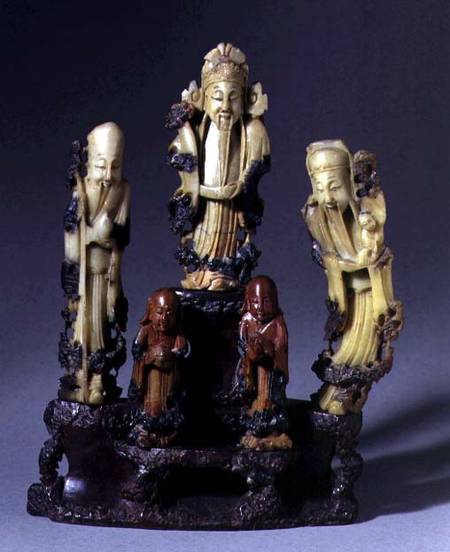 Three Star God, one holding a child, with two smaller figures, Qing dynasty od Chinese School