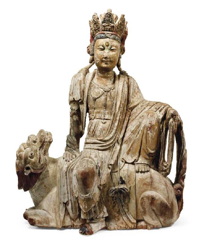 Chinesische Holzfigur von Manjusri, Bodhisattwa der Weisheit, Yuan/Ming Dynastie (1279-1644), auf ei od Chinesisch