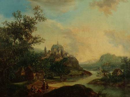 A Rhineland View with Figures in the foreground and a Fortified Town on a Hill Beyond od Christian Georg II Schutz or Schuz
