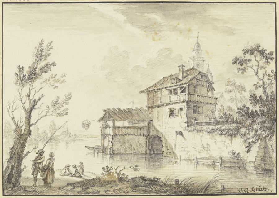 Häuser an einem Wasser, von einem Vorbau aus fischt ein Mann mit einem Netz, links an einem Baum ein od Christian Georg Schütz d. Ä.