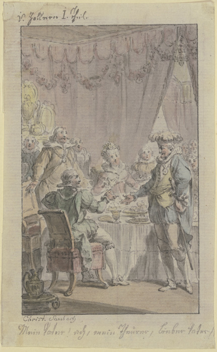 Tafelszene: Ein Ritter tritt an den gedeckten Tisch heran und begrüßt einen sitzenden Ritter od Christian Sambach