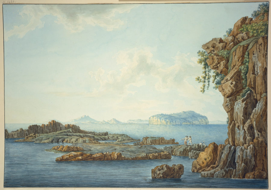Sizilien, Felsufer am Meer, im Vordergrund drei Fischer, im Hintergrund Inseln od Christoph Heinrich Kniep