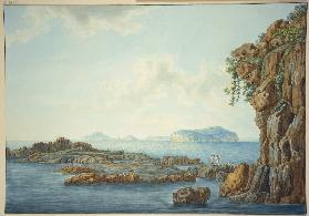 Sizilien, Felsufer am Meer, im Vordergrund drei Fischer, im Hintergrund Inseln