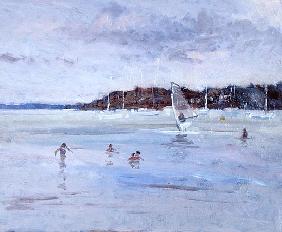 Windsurfer and Bathers (oil on panel) 