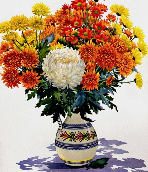Chrysanthemums in a patterned jug od Christopher  Ryland