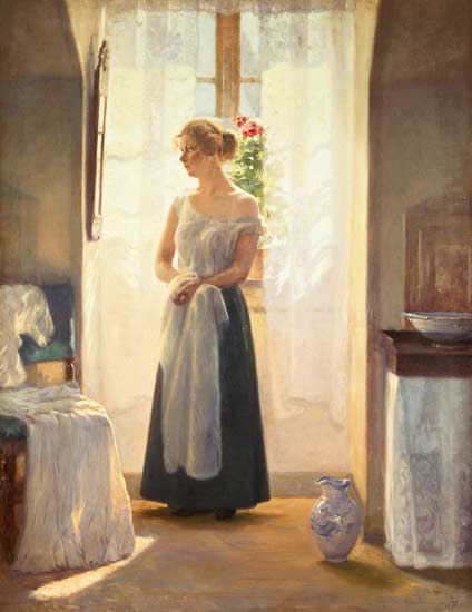 Interior with a Girl standing in front of a Mirror od Cilius Anderson