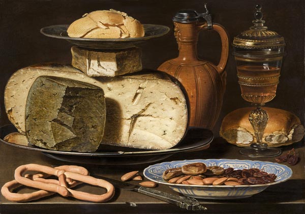Still Life with Cheeses, Almonds and Pretzels od Clara Peeters