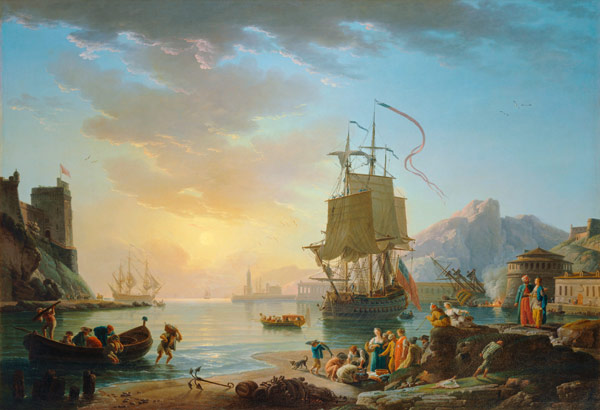Marine, soleil couchant-Seaside painting with setting sun od Claude Joseph Vernet