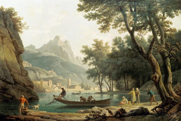 Fisherman at the lakeside in front of a cloister od Claude Joseph Vernet