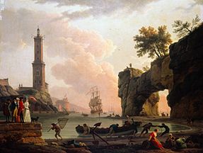 A Mediterranean port at evening. On the mole of the artists with son, daughter, daughter-in-law and od Claude Joseph Vernet