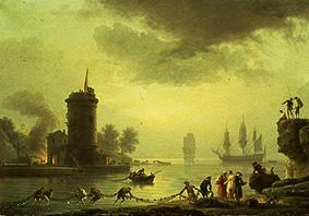 Seaport into evening atmosphere with lighthouse od Claude Joseph Vernet