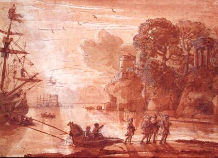 The Disembarkation of Warriors in a Port, possibly Aeneas in Latium od Claude Lorrain