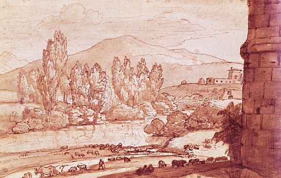 Landscape with a river, a herd of cattle and a herdsman (pen, w/c & bistre wash) od Claude Lorrain