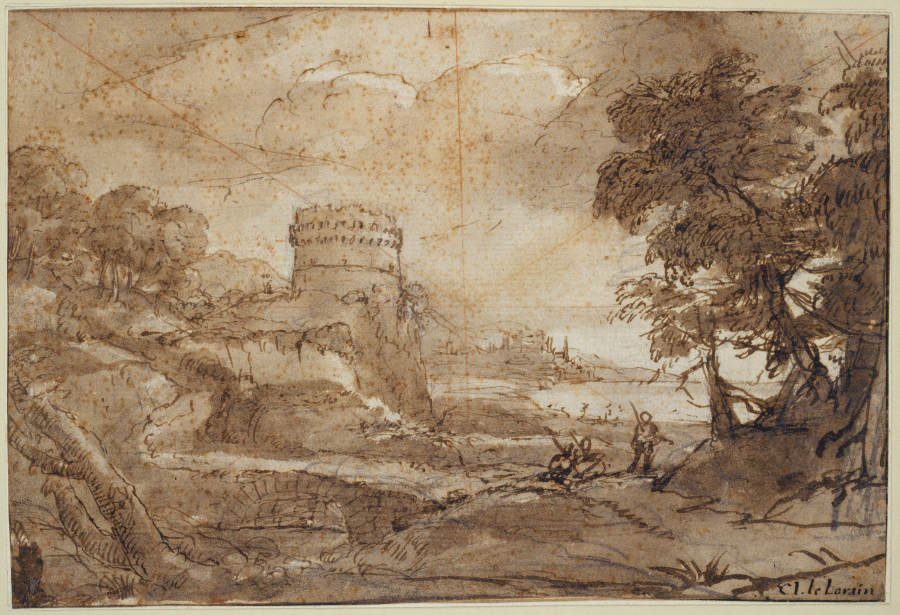 Landscape with a Round Tower and Bay od Claude Lorrain