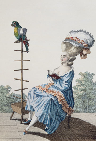 Young woman reading in a day dress with an elaborate hairstyle and bonnet, plate 20 from 'Galerie de od Claude Louis Desrais