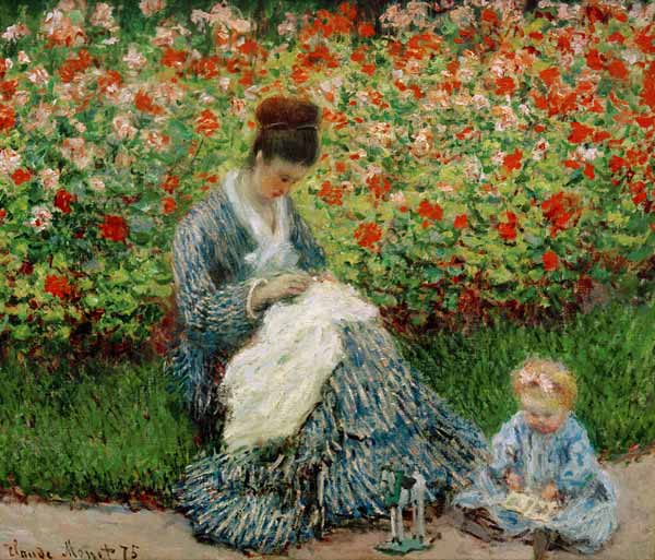 Camille Monet et un enfant au jardin od Claude Monet