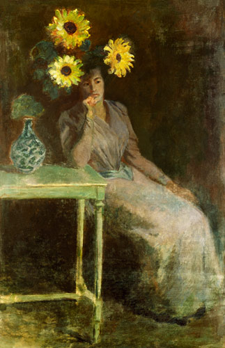 Sedentary woman next to a vase with sunflowers od Claude Monet