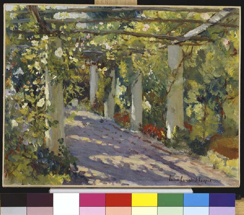 Sonniger Garten mit Pergola. od Colin Campbell Cooper
