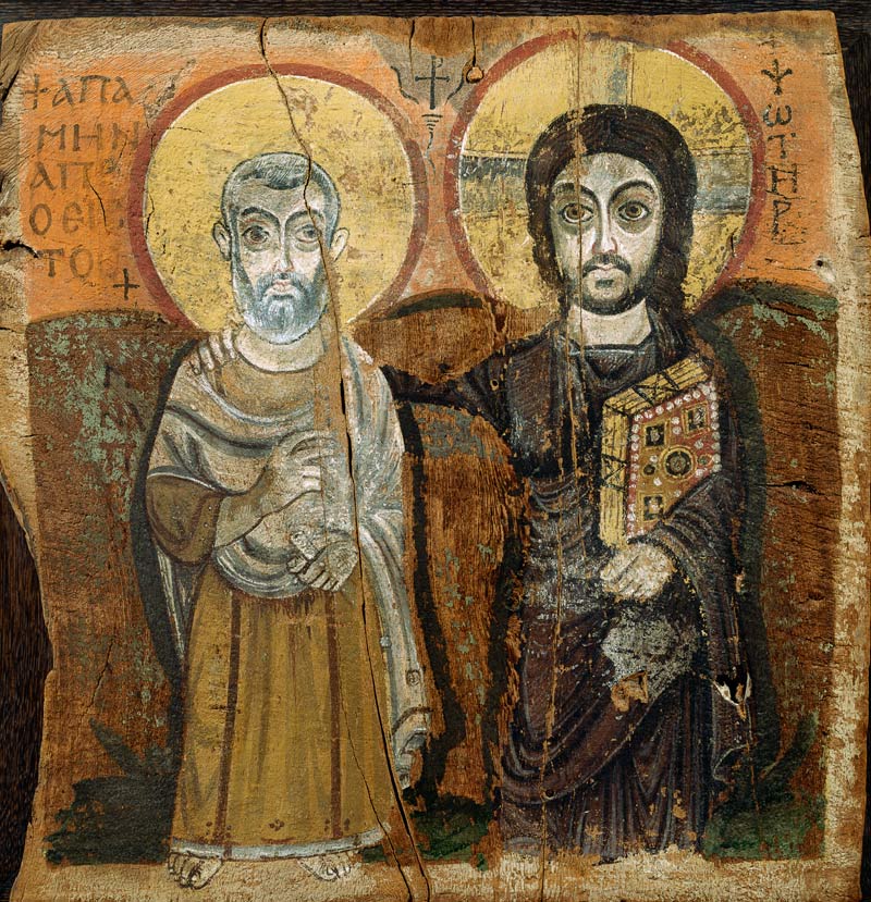 Icon depicting Abbott Mena with Christ, from Baouit od Coptic