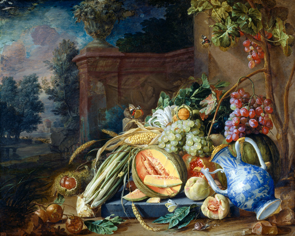 Still Life with Vegetables and Fruit before a Garden Balustrade od Cornelis de Heem