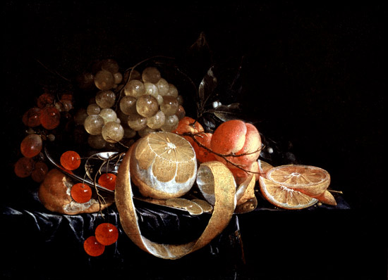 A Still Life with a lemon, grapes, cherries and apricots on a pewter plate od Cornelis de Heem