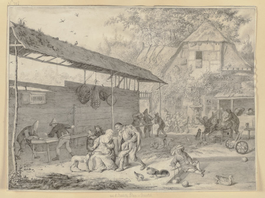 Bauernhof mit essendem, trinkendem, spielendem Volke od Cornelis Dusart