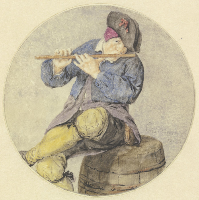 Flötenspieler auf einem Fass sitzend od Cornelis Dusart