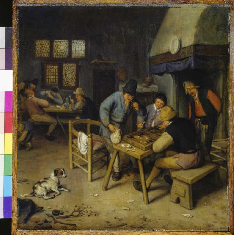 Wirtshausinterieur mit Tricktrack und Karten spielenden Bauern od Cornelis Dusart