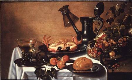 Still life of fruit with crab, overturned roehmer on spout of jug od Cornelis Kruys