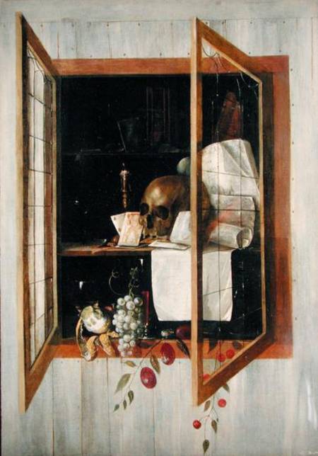 Vanitas still life seen through a trompe l'oeil window od Cornelis Norbertus Gysbrechts