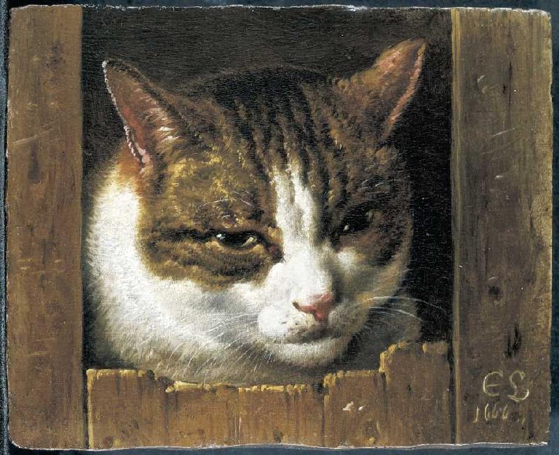 Eine Katze guckt durch einen Zaun od Cornelis Saftleven