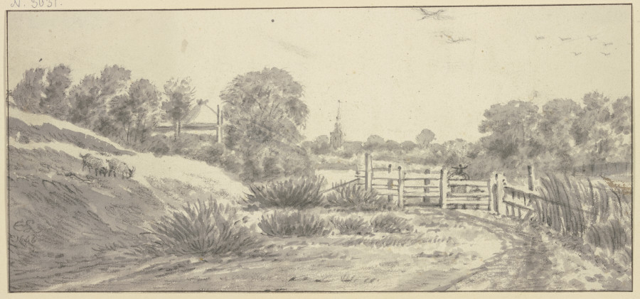 Landschaft mit Zaun, Hirte mit Hund, links zwei Ziegen od Cornelis Saftleven
