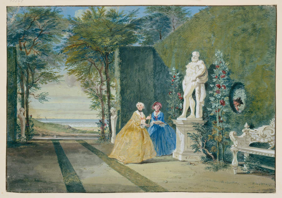 Parkansicht mit zwei jungen Damen neben einer Herkulesstatue od Cornelis Troost