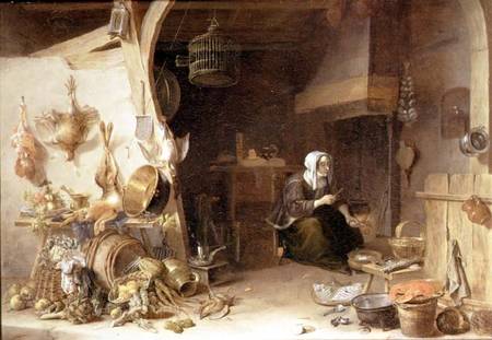 A Kitchen Interior with a Servant Girl Surrounded by Utensils, Vegetables and a Lobster on a Plate od Cornelis van Lelienbergh