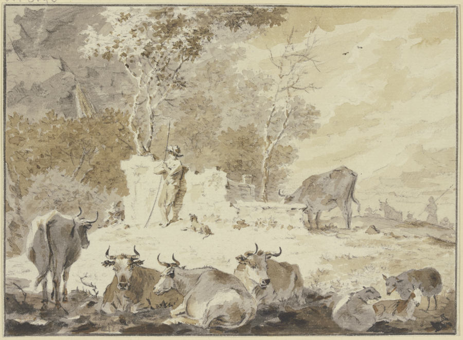 An altem Gemäuer steht links ein Hirte mit seinem Hund, umgeben von verschiedenem Vieh od Cornelis van Noorde