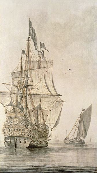 A Man-o'-war under sail seen from the stern with a boeiler nearby od Cornelius Bouwmeester