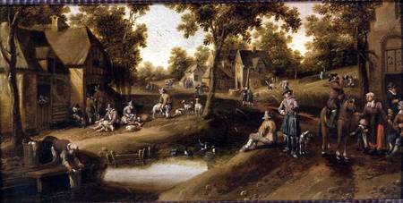 A Village Scene with Peasants on Banks of a Stream od Cornelius Droochsloot