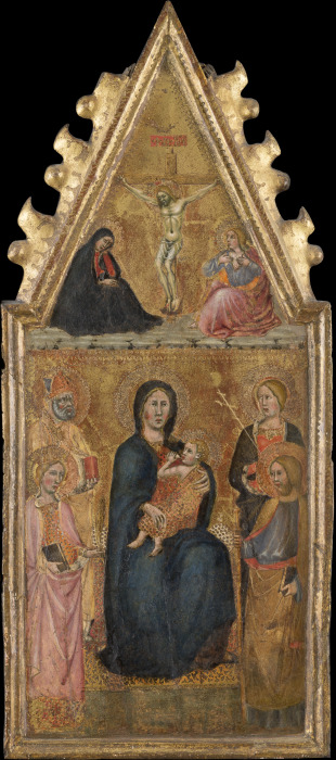 Enthroned Madonna with Child and four saints, above the Crucifixion with Mary and John Ev. od Cristoforo di Bindoccio