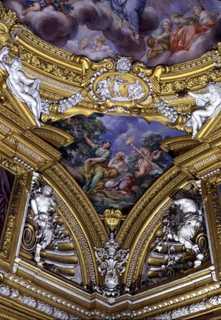 The 'Sala di Apollo' (Hall of Apollo) detail of pendentive depicting the muses Thalia and Clio od Pietro  da Cortona,