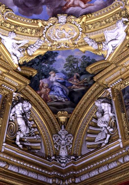 The 'Sala di Apollo' (Hall of Apollo) detail of pendentive depicting the muses Urania and Euterpe od Pietro  da Cortona,