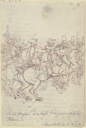 Eine Gruppe von Soldaten zu Pferde, nach rechts sprengend