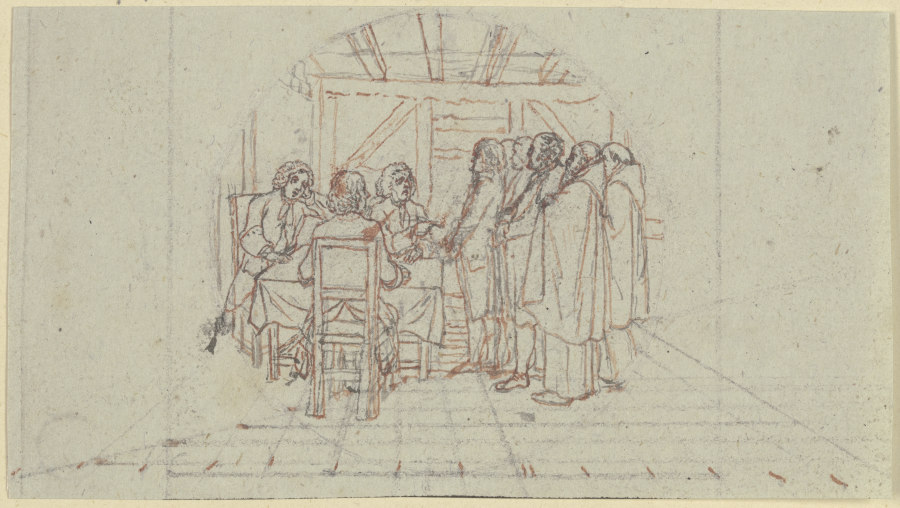 In einem einfachen Raum sitzen links an einem Tisch drei Richter (Märterer der Wahrheit) od Daniel Chodowiecki