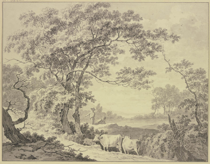 An einem von Wald umgebenem Teich, Hirte und Hirtin mit zwei Kühen und einer Ziege od Daniël Dupré