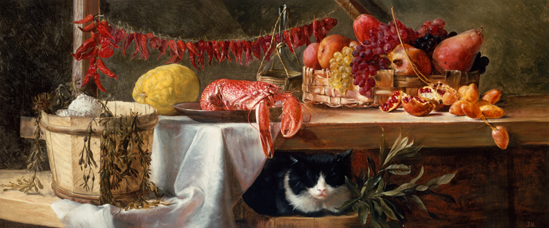 Stillleben mit Peperoni, Früchten, einem Hummer und einer Katze od Daniel Hock