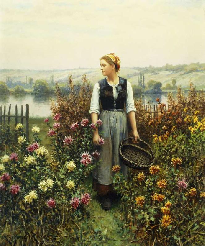 Junge Frau mit Korb in einem Garten. od Daniel Ridgway Knight