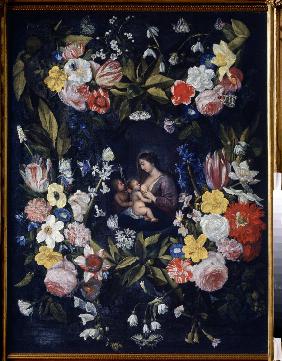 Floral Wreath with Madonna and Child
