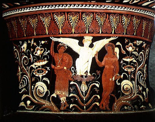 Apulian red-figure volute crater, detail of the neck depicting Oedipus and the Sphinx (pottery) (see od Darius Painter